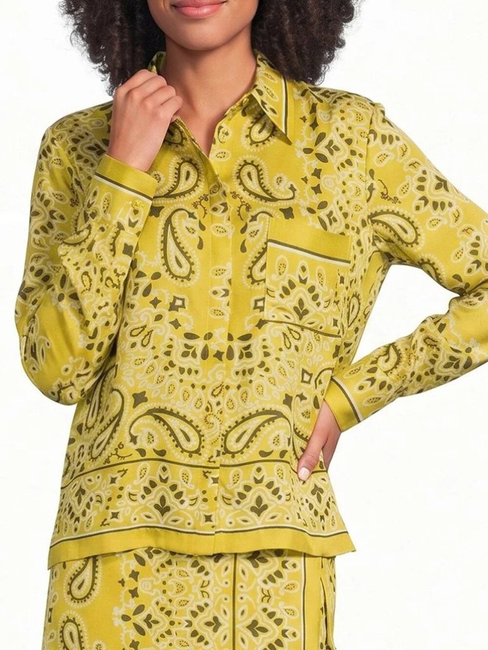 Bandana Print Collared Long Sleeve Button Down Satin